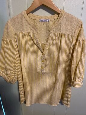 Ruffled Yoke Yellow Stripe Henley Blouse by Figueroa & Flower